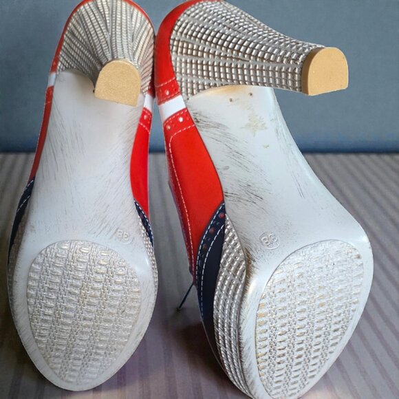NWOT PERA DONNA ( 7.5 ) Red/White/Blue Gold Detail Lace Up Distressed Heels - Picture 8 of 10
